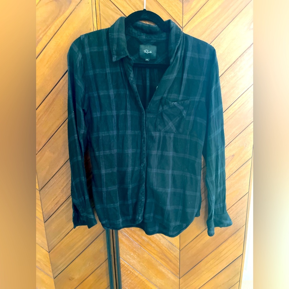 Rails black plaid button up, M